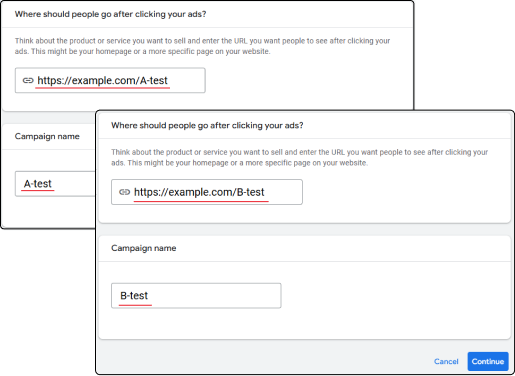 Paid ads A and B examples in Google Ads